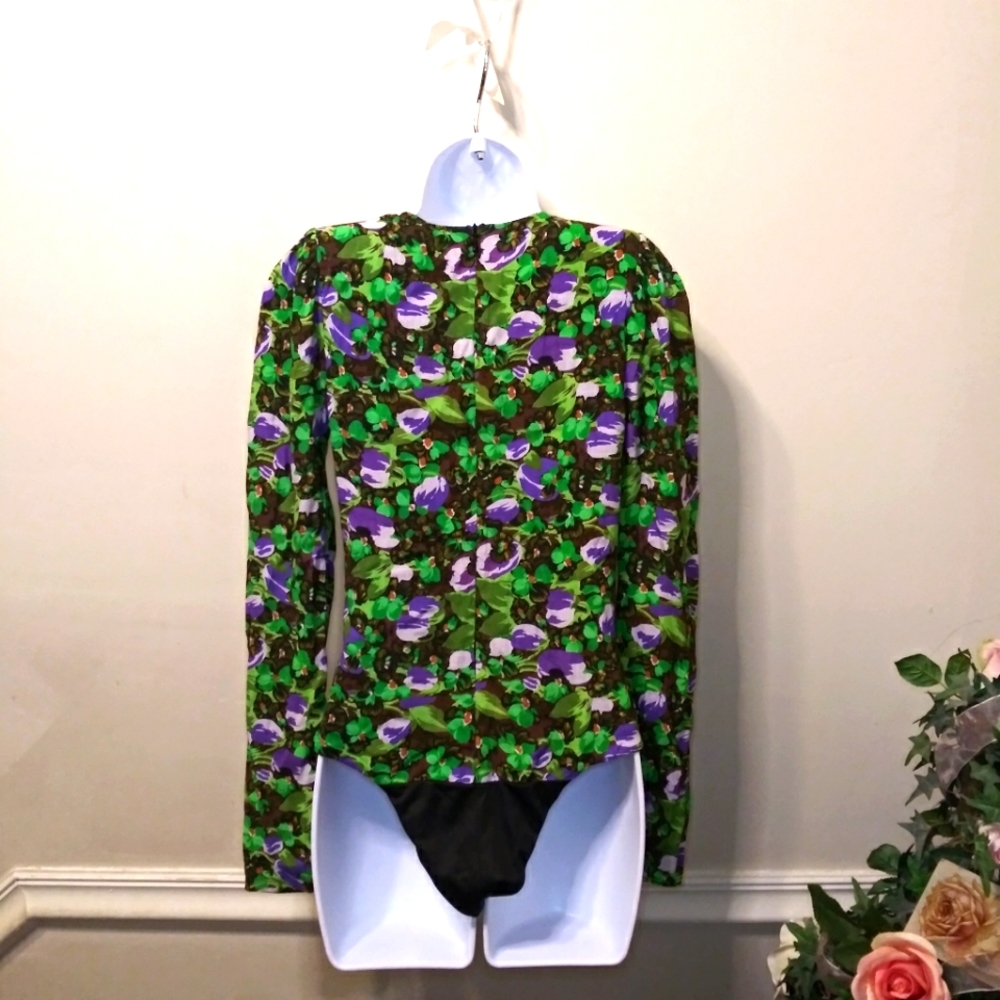 Zara Purple Black Green Floral, Padded Shoulder Deep Neckline Faux Wrap Bodysuit - Picture 6 of 12